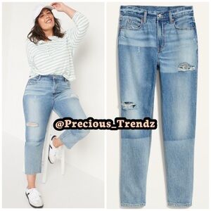 High-Waisted Slouchy Straight Cropped Ripped Non-Stretch Jeans